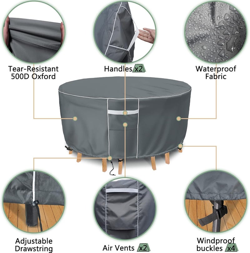 Gasadar Round Patio Table Cover Waterproof, Outdoor Furniture Covers for Round Table Set, 600D Heavy Duty, 96" Dia x 28" H, Grey - Image 3